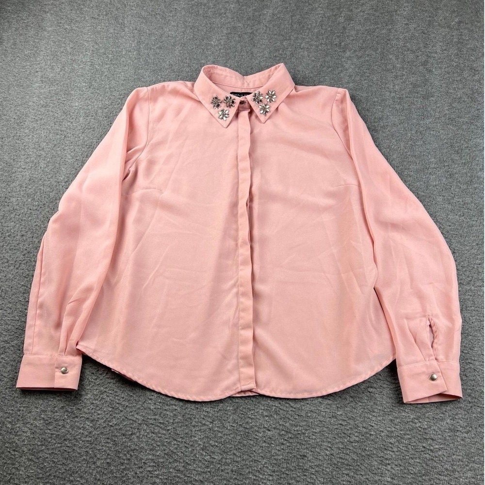 Simply Style by Sears Women's Large Pink Embellished Collar Button Up Blouse